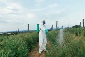 Worker in protective work-wear in weed control and spraying