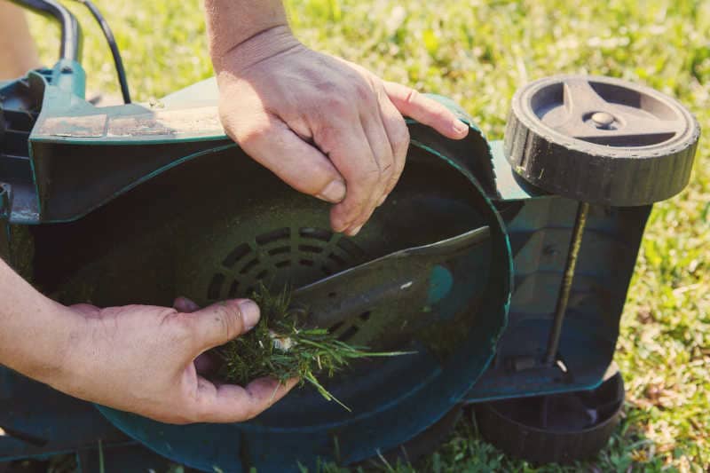 The gardener cares for the device, cleans the mower blade of dirt.