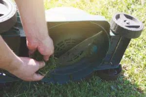Cutting green grass electric lawn mower. The gardener cares for the device, cleans the blade of dirt.